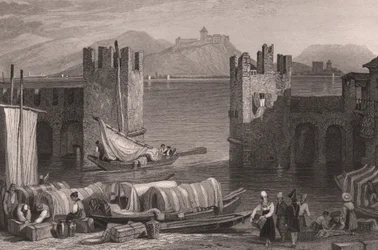 Udsigt over Angera slot i Arona, Lago Maggiore, Piemonte, Italien, stålgravering fra tegning af Samuel Prout (1783-1852), ca 16x11 cm