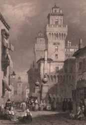 Udsigt over Castello Estense, Ferrara, Emilia-Romagna, Italien, stålstik af John Godfrey (ca. 1817-1889) efter tegning af Samuel Prout (1783-1852), ca. 26x17 cm, udgivet af Blackie and Son