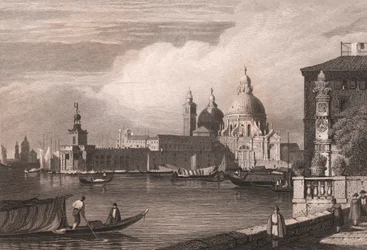 Udsigt over Canal Grande (Canal Grande) med Punta della Dogana og Basilica di Santa Maria della Salute i baggrunden, Venedig, Veneto, Italien, stålgravering efter tegning af Samuel Prout (1783-1852), ca. 15x11,5 cm