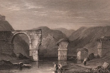 Udsigt over romerske ruiner af Augustus-broen (Ponte di Augusto) over Nera-floden, Narni, Umbrien, Italien, stålgravering efter tegning af Samuel Prout (1783-1852), ca. 15x11,5 cm