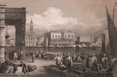 Udsigt over Markusbassinet i Venedig, Veneto, Italien, stålgravering efter tegning af Samuel Prout (1783-1852), ca. 15x11,5 cm