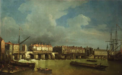 Udsigt over Old London Bridge med pramme på Themsen,