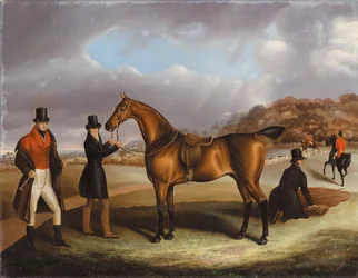 Lord George Bentinck med sin yndlingsjæger og brudgom i et landskab med en jagt hinsides