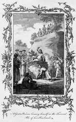 En gentoo kvinde brænder sig selv på sin mands begravelsesbunke, 1700-tallet.