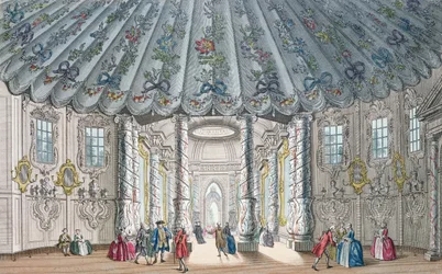 Indvendig udsigt over det elegante musikrum i Vauxhall Gardens, indgraveret af H. Roberts, 1752 (håndfarvet gravering)