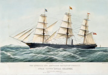 En royal clipper fra rederiet Australia and Liverpool. Håndkoloreret litografi, ca. 1856 af Samuel Walters (1811-1882)