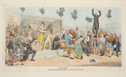 Tallerken fra The Satirist, pub. 1. marts 1808 (håndkoloreret stik