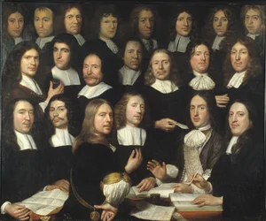 Gruppeportræt af møntmestrene i Dordrecht (Portrait de groupe des maitres et des officers de la monnaie de Dordrecht) - Peinture de Samuel Dirksz van Hoogstraten (1627-1678) - 1674 - Olie på lærred - 139,5x166 - Dordrechts Museum