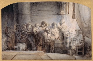 Judas modtager de tredive stykker sølv, ca. 1640 (pen og blæk over rødt kridt over vask på papir)