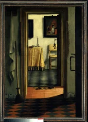 Hjemmeskoene. Et interiør i et hus i Holland - Maleri af Samuel Hoogstraten (1626-1678), flamsk skole, 17. århundrede, 1,03 x 0,70 m, Paris, Musée du Louvre