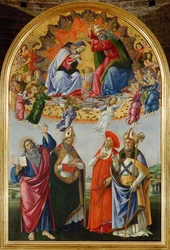 Jomfruens kroning med seksten engle og helgenerne Johannes Evangelisten, Augustin, Hieronymus og Eligius