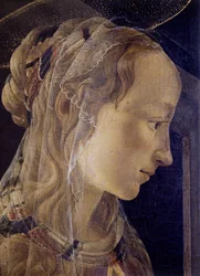 Altertavle af St. Ambroise (Saint Ambroise) eller Retable des Convers. Detalje af Saint Catherine of Alexandria. Maleri af Alessandro di Mariano dei Filipepi kendt som Sandro Botticelli (1445-1510). tempera på lærred