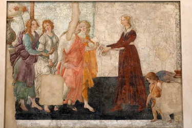 Venus og de tre gratier tilbyder gaver til en jomfru, ca. 1483-85