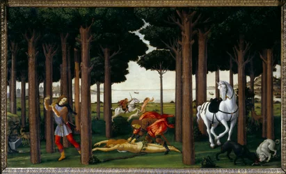 Historien om Nastagio degli Onesti: Infernal Hunt”” andet panel i en serie på fire: Nastagio, ulykkelig forelsket, deltager i udtagningen af en ung kvinde, der er skyldig i ikke at udveksle den kærlighed, som en ridder bærer, og som vil blive fortæret af h