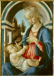 Jomfruen og barnets maleri af Sandro Botticelli (Filipepi) (1445-1510). 1467. Søn 72x51 m. Avignon, Musee du Peinture Palais