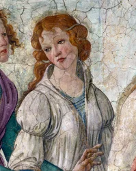 Venus and the Graces ofrer gaver til en ung pige. Detalje, der repræsenterer Graces (Charites). Fresko af Villa Lemmi. Maleri af Sandro Botticelli (1444-1510)