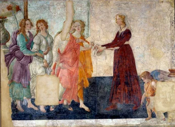Venus and the Graces ofrer gaver til en ung pige. Fresko af Villa Lemmi. Maleri af Sandro Botticelli (1444-1510)