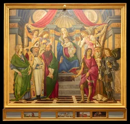 Altertavle, hovedpanel: tronende Madonna, fire engle og helgener