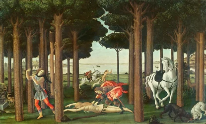 Den forfulgte kvindes opsprættelse: scene II af Historien om Nastagio degli Onesti, ca. 1483