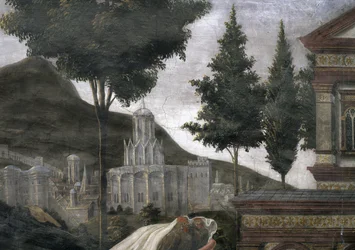 Rensningen af den spedalske og Kristi fristelse, i det sixtinske kapel: detalje af en imaginær by i et landskab, fresko fra 1481