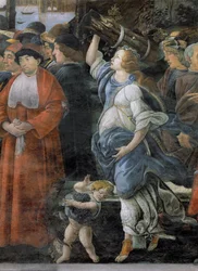 Rensningen af den spedalske og Kristi fristelse, i det sixtinske kapel: detalje af kvinde, der bærer brænde og en lille dreng, der bærer druer, 1481 fresco