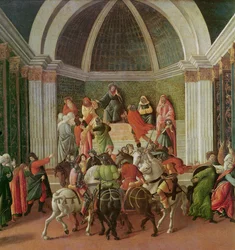The Story of Virginia detalje af centret: Virginia est dømt og dømt til slaveri, 1500-04 tempera på panel
