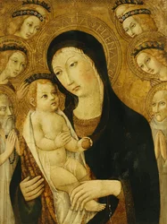 Madonnaen og barnet, med de hellige Anthony Abbott og Bernadino af Siena, omgivet af engle,