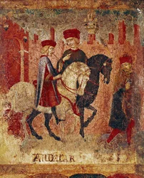 Detaljerede skatteinspektører. Træmaleri af Sano di Pietro (1406-1481) udsmykning af en Biccherna (omslag af regnskabsregisteret for byen Siena) 15. århundrede. Siena Archivio di Stato, Italien