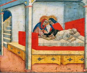 De hellige Cosmas og Damian fastgør Etiopians ben til sacristan (mirakel af Etiopians ben), scene fra Predella af Madonna og Barn med engle og helgener, af Sano di Pietro (1405-1481), panel