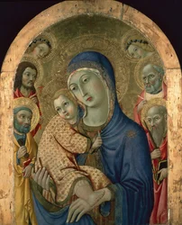Madonnaen og barnet med hellige og engle (tempera på panel)