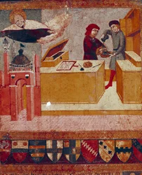 Camerlingvisten vasker symbolsk sine hænder, mens den velvillige og beskyttende Jomfru flyver over byen Siena Detail. Træmaleri af Sano di Pietro (1406-1481) udsmykning af en Biccherna (omslag af regnskabsregisteret for byen Siena) 1451.