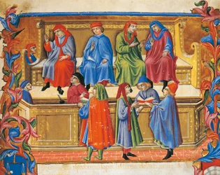 Handelsdomstolens miniature fra købmændenes vedtægter af Sano di Pietro (1472), Italien 15. århundrede.