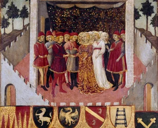 Bryllupsceremoni for et par af adelen i byen Siena Maleri af Sano di Pietro (1406-1481) udsmykning af en Biccherna (omslag af regnskabsregisteret for byen Siena) 1473. Siena Archivio di Stato, Italien