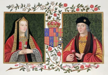 Dobbeltportræt af Elizabeth af York (1465-1503) og Henrik 7. (1457-1509), der holder Yorks hvide rose og Lancasters røde rose, fra „Erindringer fra dronning Elizabeths hof“, udgivet i 182