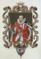 Portræt af Robert Cecil (1563-1612), 1. jarl af Salisbury, fra "Memoirs of the Court of the Queen Elizabeth of Queen Elizabeth", udgivet i 1825 (wc og gouache på papir)