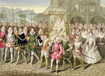 Dronning Elizabeth I i procession med sine hofmænd (ca. 1600) fra «Memoirs of the Court of Queen Elizabeth», efter et oliemaleri tilskrevet Robert Peake (ca. 1592-1667) på Sherborne Castle, udgivet i 18