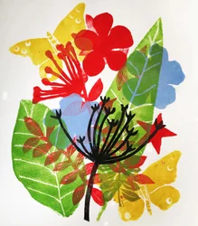 Frøhoveder og blomster, 2019 (blæk monoprint)