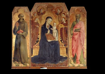 Jomfruen og barnet omgivet af seks engle. Omkring: Sankt Antonius af Padova (san antonio di padova) og Sankt Johannes evangelisten. Altertavle af Stefano di Giovanni Sassetta (1392 - 1450)