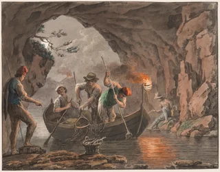 Vand farve; Natfiskeri ved indgangen til en grotte