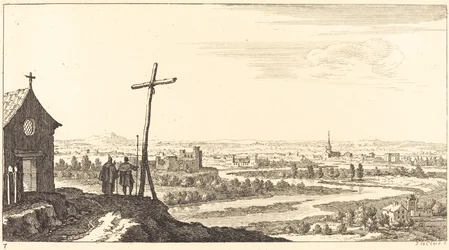 Landskab med Kirke og By i Afstand