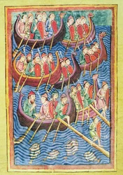 Vikinger går i land i England under den anden migrationsbølge (vellum)