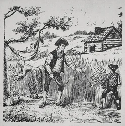 En familie høster majs (litho)