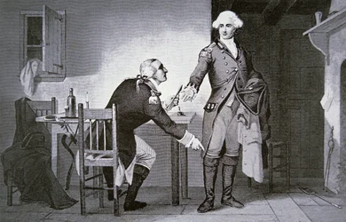 Amerikansk forræder: General Benedict Arnold instruerer Andre til at skjule papirer i sin støvleoverdel (litho)