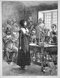 Anne Hutchinson tiltalt for at have fornærmet det puritanske præsteskab i Massachusetts (litho)