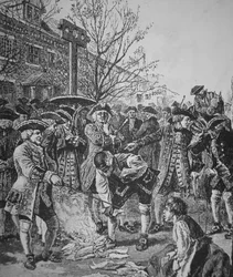 Bostonboere brænder det stemplede papir (litho)