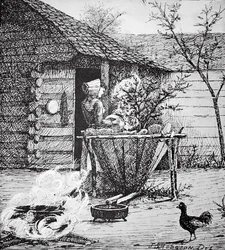 Gårdscene - en kvinde ved et vaskekar, efter en illustration af J. S. Hodgson (litho)