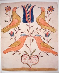 Fire fugle, tulipan og hjerte (akvarel på papir)