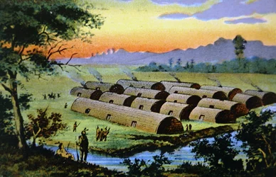 Manhattan Island, New York City, før hollænderne slog sig ned her og viser en indisk landsby i Wapinger-konføderationen (farve litho)