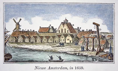 New Amsterdam (senere New York) på Manhattan Island, fra et syn udgivet i 1659 (farve litho)