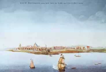 New Amsterdam på Manhattan Island i 1650 (farve litho)
